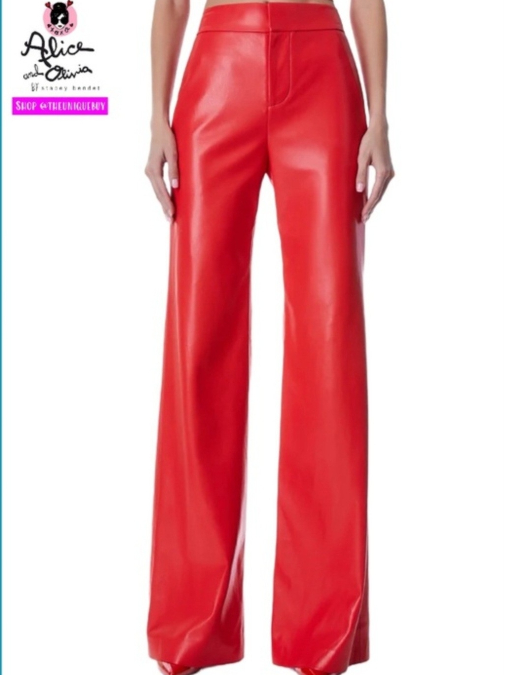 NWT Alice + Olivia Dylan High-Rise Vegan Leather Wide-Leg Pants - Bright Ruby 12 - Picture 3 of 9